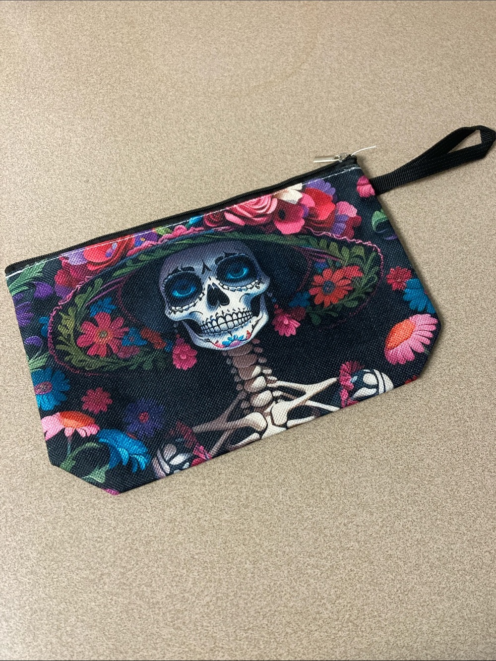 Floral Sugar Skull Wristlet Pouch - Black